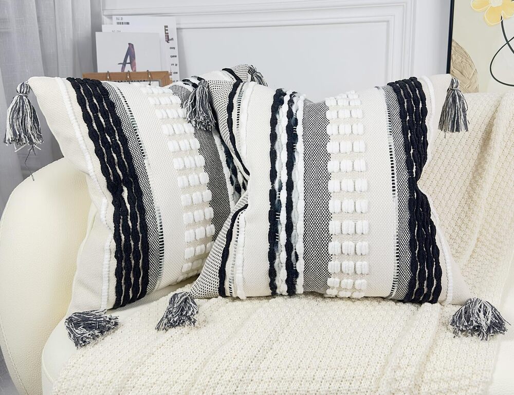 8905 Boho Throw Pillow Covers 16x16 Aesthetic Neutral Boucle Couch Pillow